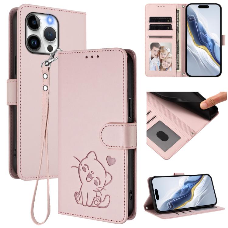 Embossed Heart Cat Leather Phone Case with Hand Strap, For iPhone 14 / 13, For iPhone 14 Pro