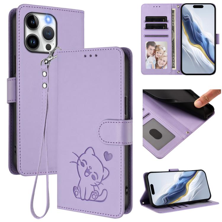 Embossed Heart Cat Leather Phone Case with Hand Strap, For iPhone 14 / 13, For iPhone 14 Pro