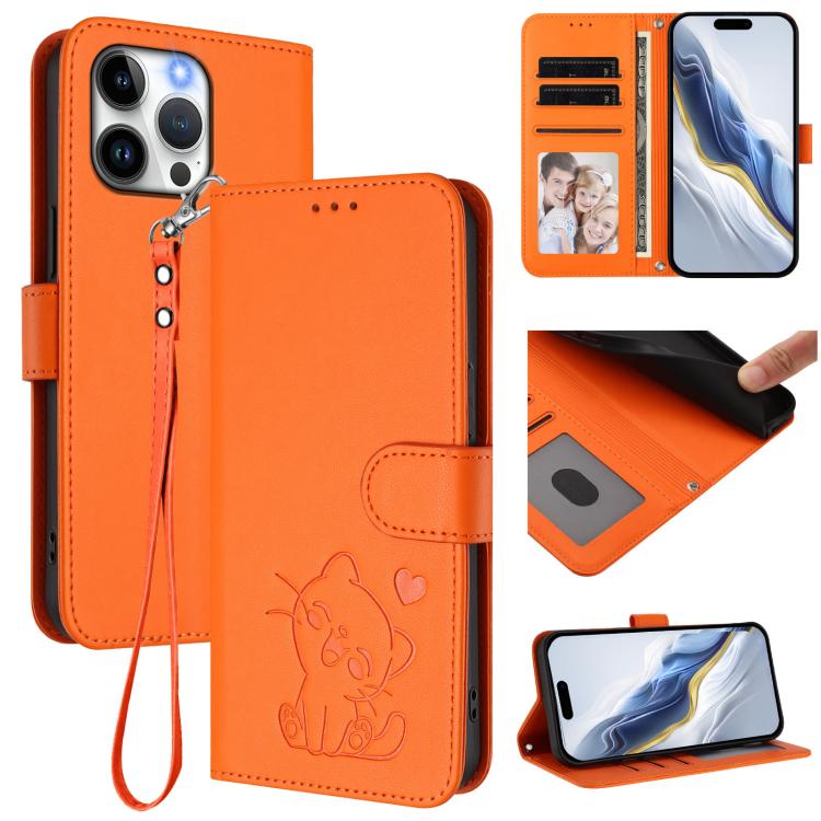 Embossed Heart Cat Leather Phone Case with Hand Strap, For iPhone 14 / 13, For iPhone 14 Pro