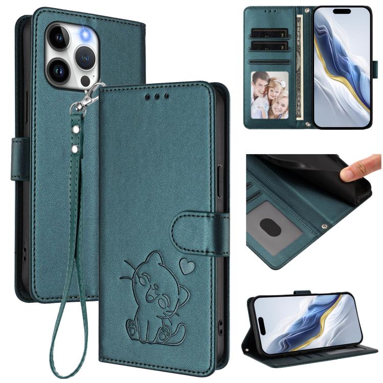 Embossed Heart Cat Leather Phone Case with Hand Strap, For iPhone 14 / 13, For iPhone 14 Pro