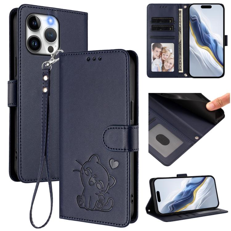 Embossed Heart Cat Leather Phone Case with Hand Strap, For iPhone 14 / 13, For iPhone 14 Pro