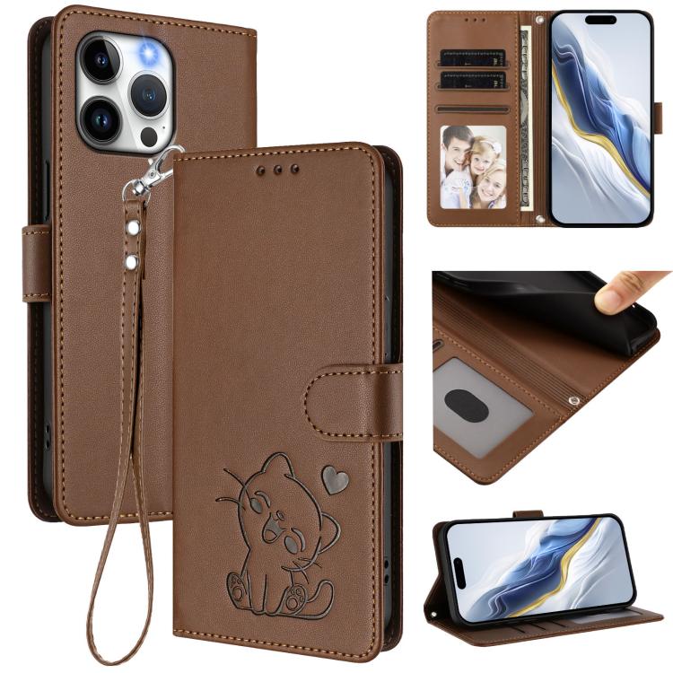 Embossed Heart Cat Leather Phone Case with Hand Strap, For iPhone 14 / 13, For iPhone 14 Pro
