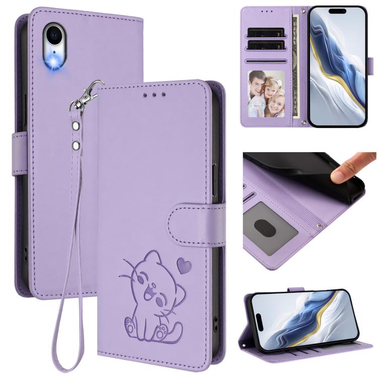 Embossed Heart Cat Leather Phone Case with Hand Strap, For iPhone XR, For iPhone XS Max