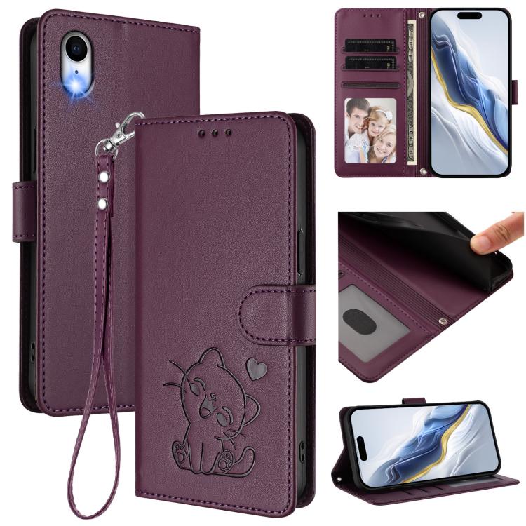 Embossed Heart Cat Leather Phone Case with Hand Strap, For iPhone XR, For iPhone XS Max
