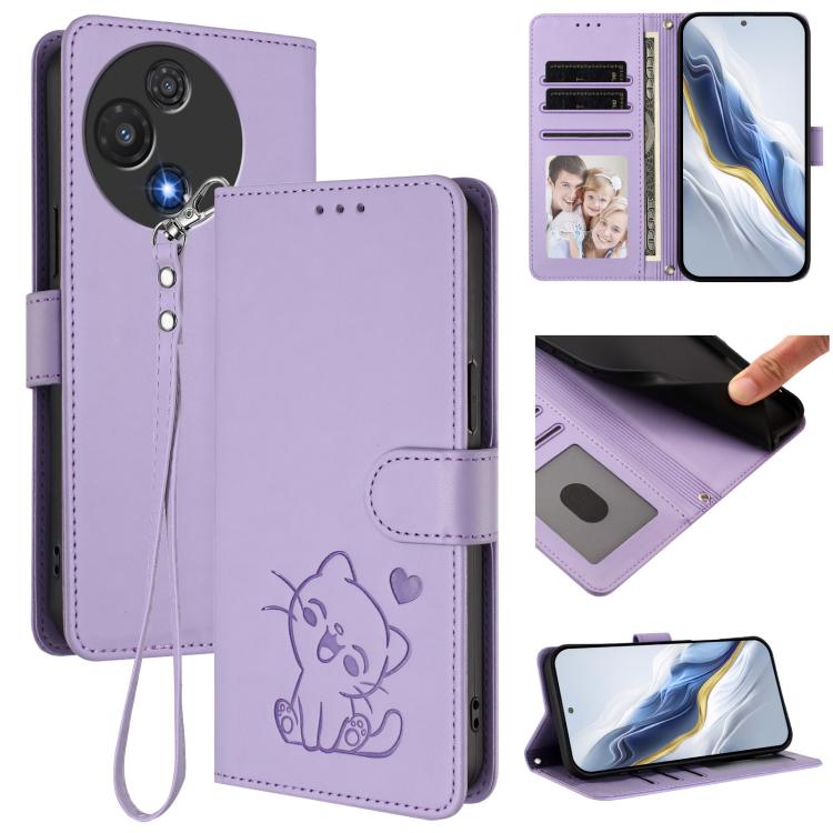 Embossed Heart Cat Leather Phone Case with Hand Strap, For TCL 60R, For TCL 503