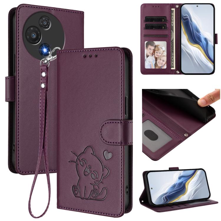 Embossed Heart Cat Leather Phone Case with Hand Strap, For TCL 60R, For TCL 503