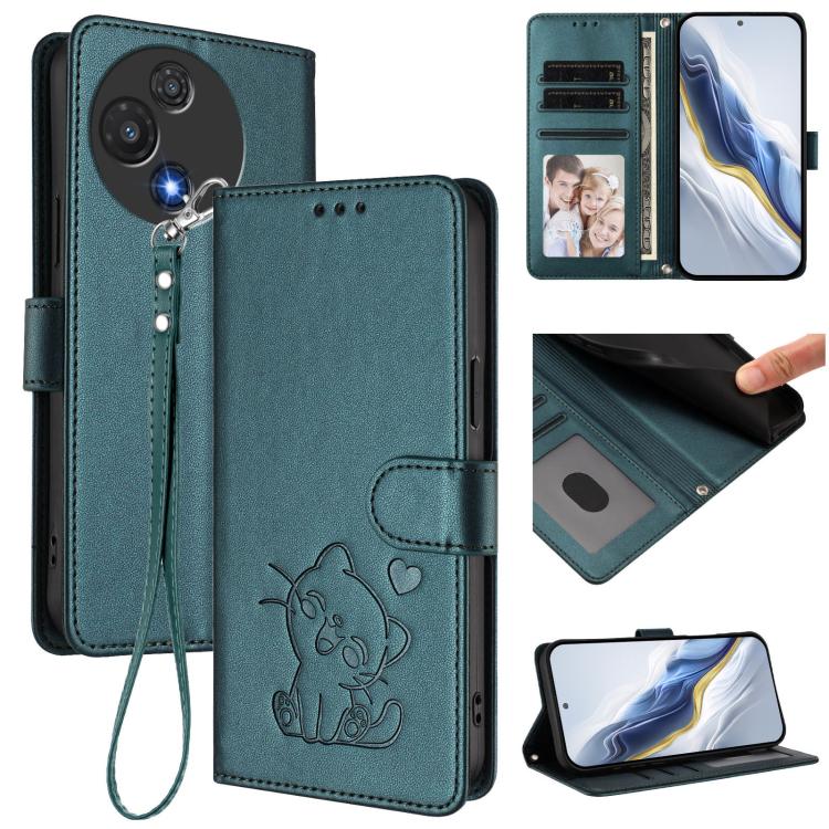 Embossed Heart Cat Leather Phone Case with Hand Strap, For TCL 60R, For TCL 503