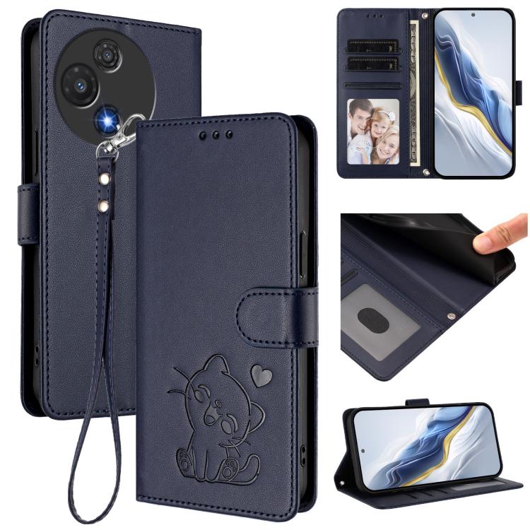 Embossed Heart Cat Leather Phone Case with Hand Strap, For TCL 60R, For TCL 503
