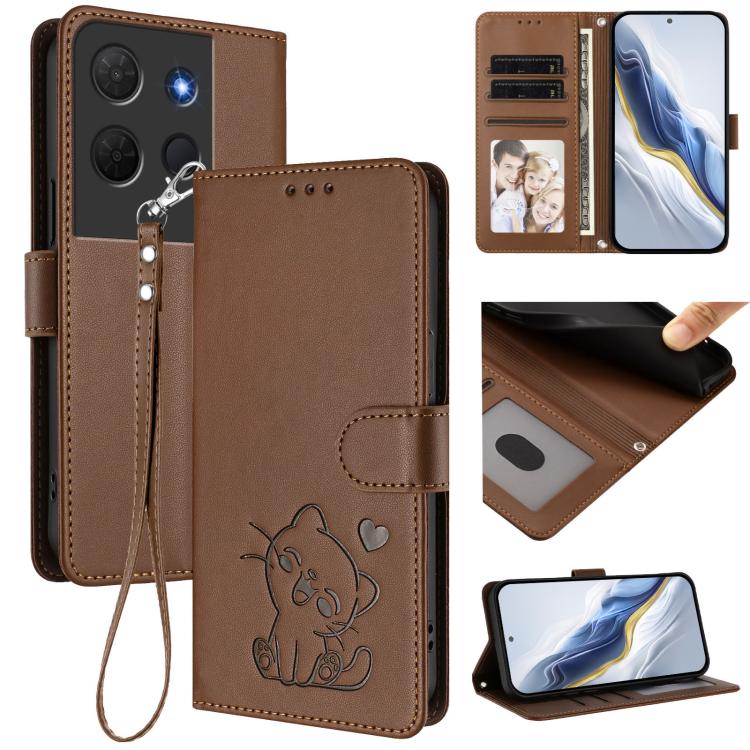 Embossed Heart Cat Leather Phone Case with Hand Strap, For TCL 60R, For TCL 503