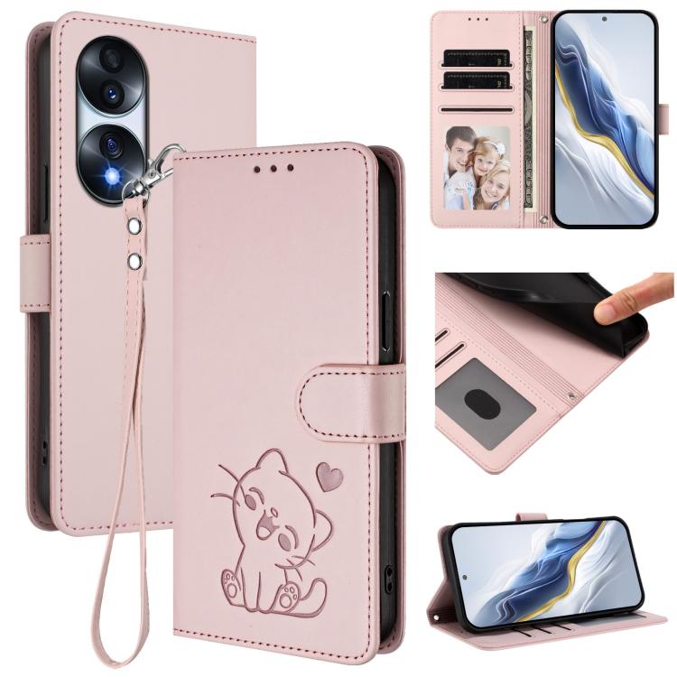 Embossed Heart Cat Leather Phone Case with Hand Strap, For Honor 70 Pro, For Honor 70