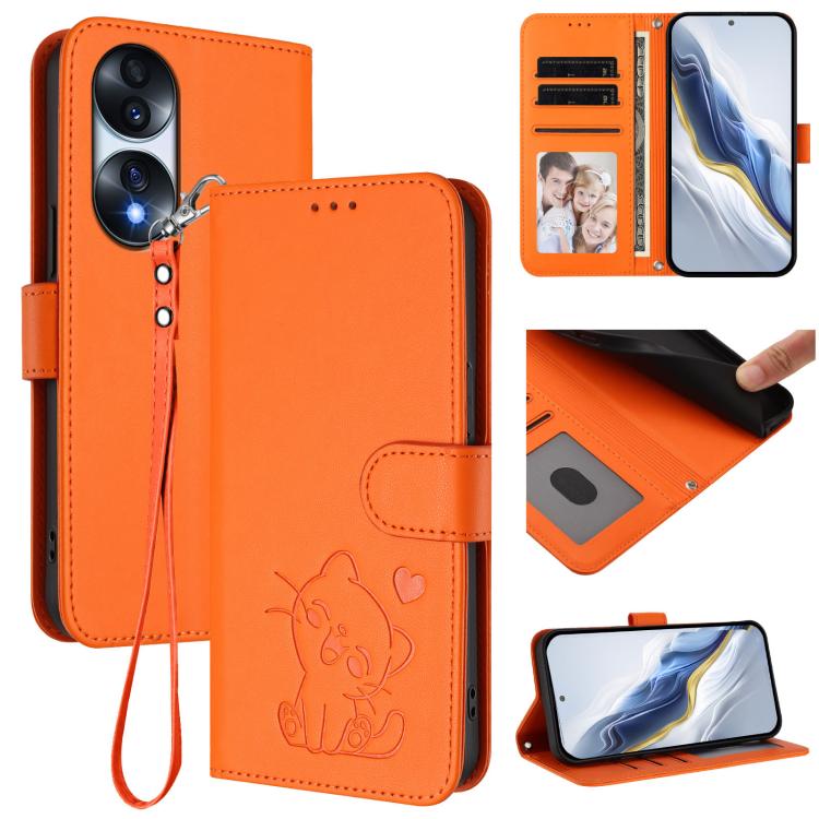 Embossed Heart Cat Leather Phone Case with Hand Strap, For Honor 70 Pro, For Honor 70