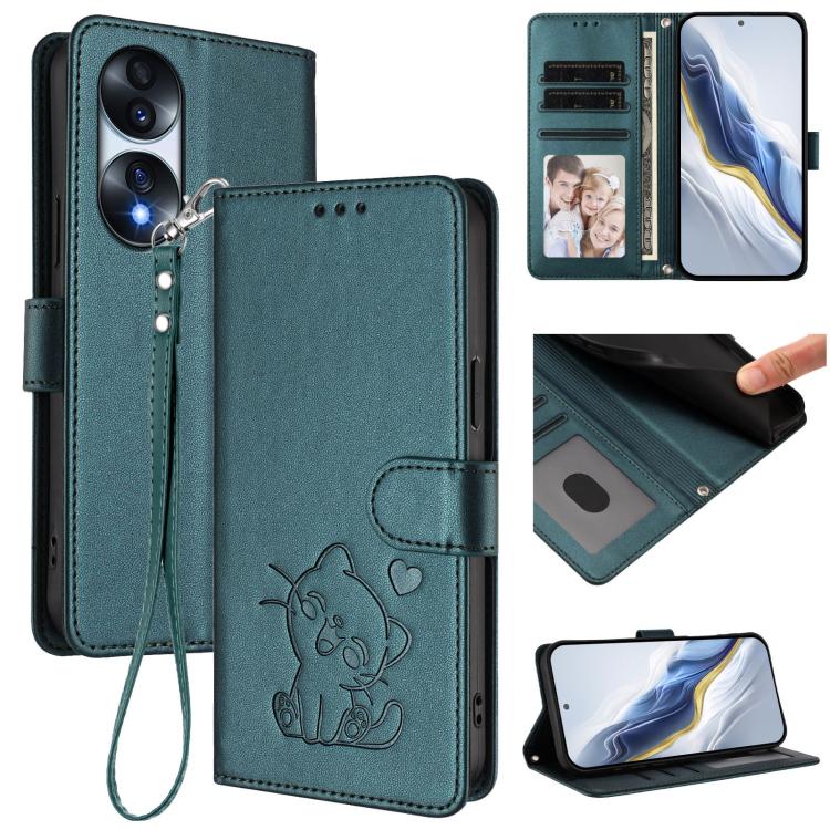 Embossed Heart Cat Leather Phone Case with Hand Strap, For Honor 70 Pro, For Honor 70