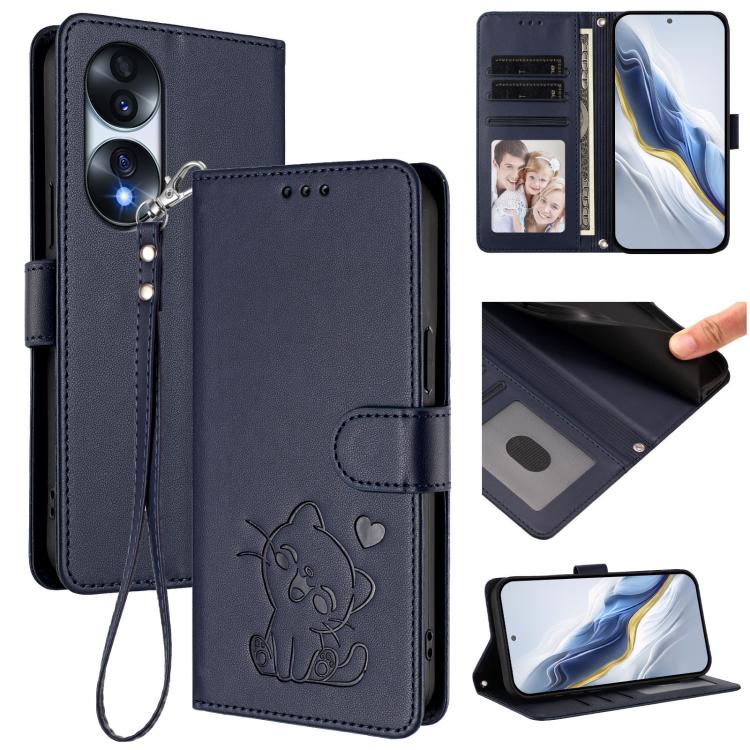Embossed Heart Cat Leather Phone Case with Hand Strap, For Honor 70 Pro, For Honor 70