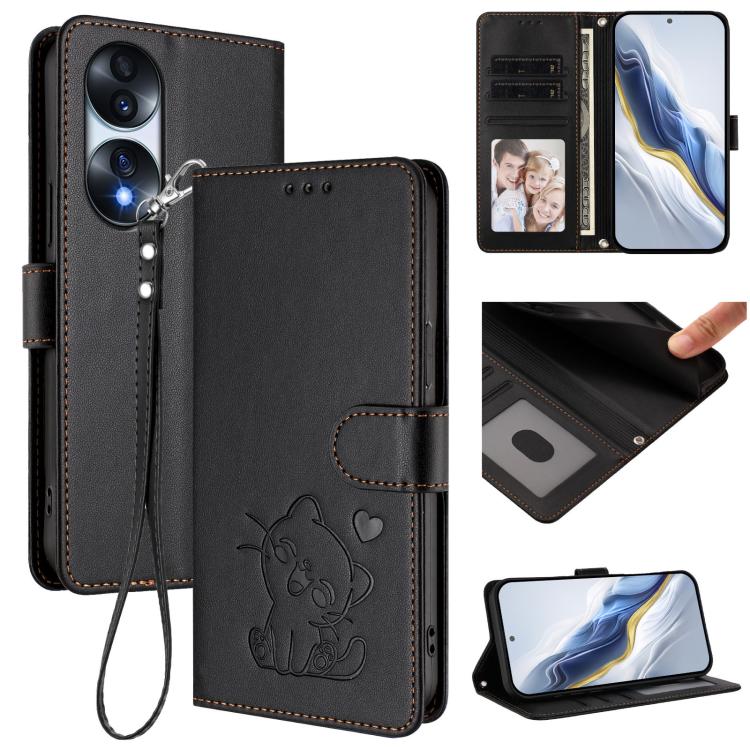 Embossed Heart Cat Leather Phone Case with Hand Strap, For Honor 70 Pro, For Honor 70
