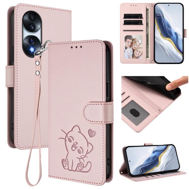 Embossed Heart Cat Leather Phone Case with Hand Strap, For Honor 70 Pro, For Honor 70