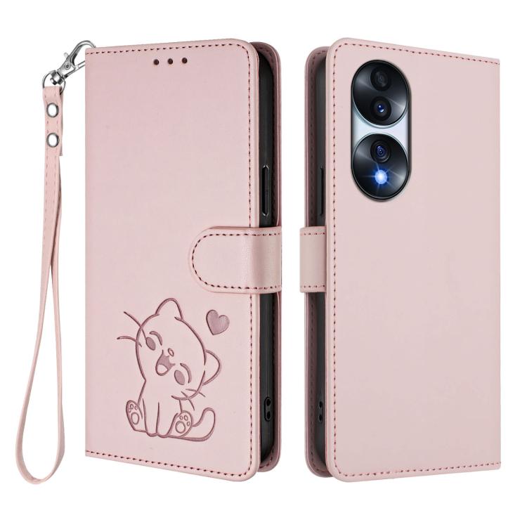 Embossed Heart Cat Leather Phone Case with Hand Strap, For Honor 70 Pro, For Honor 70
