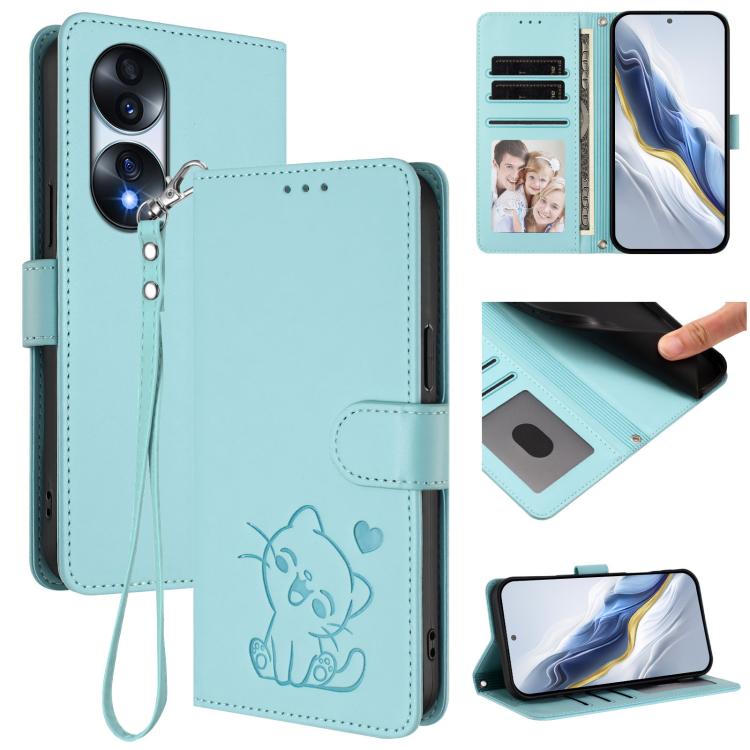 Embossed Heart Cat Leather Phone Case with Hand Strap, For Honor 70 Pro, For Honor 70