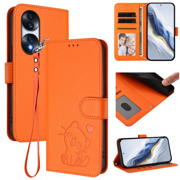 Embossed Heart Cat Leather Phone Case with Hand Strap, For Honor 70 Pro, For Honor 70