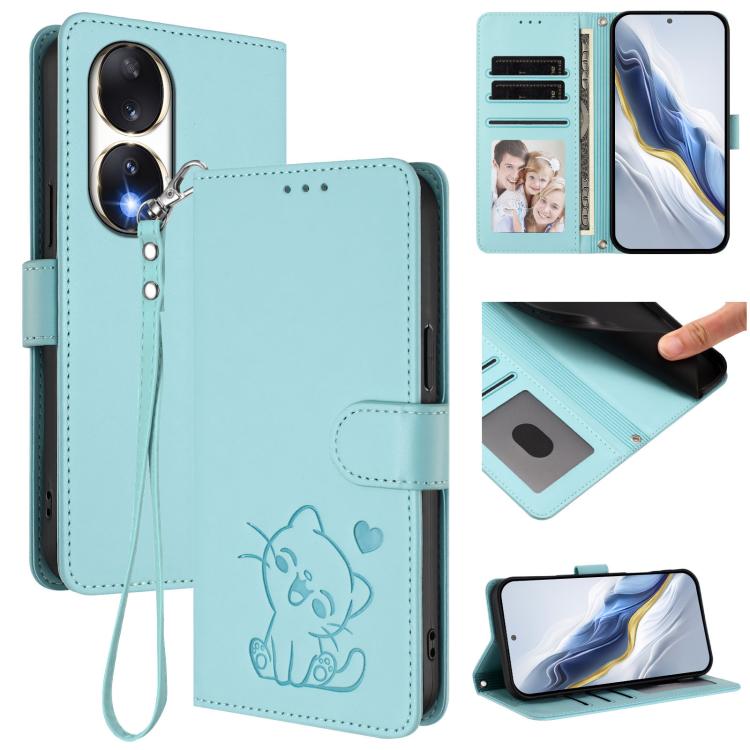 Embossed Heart Cat Leather Phone Case with Hand Strap, For Honor 90 Pro, For Honor 90