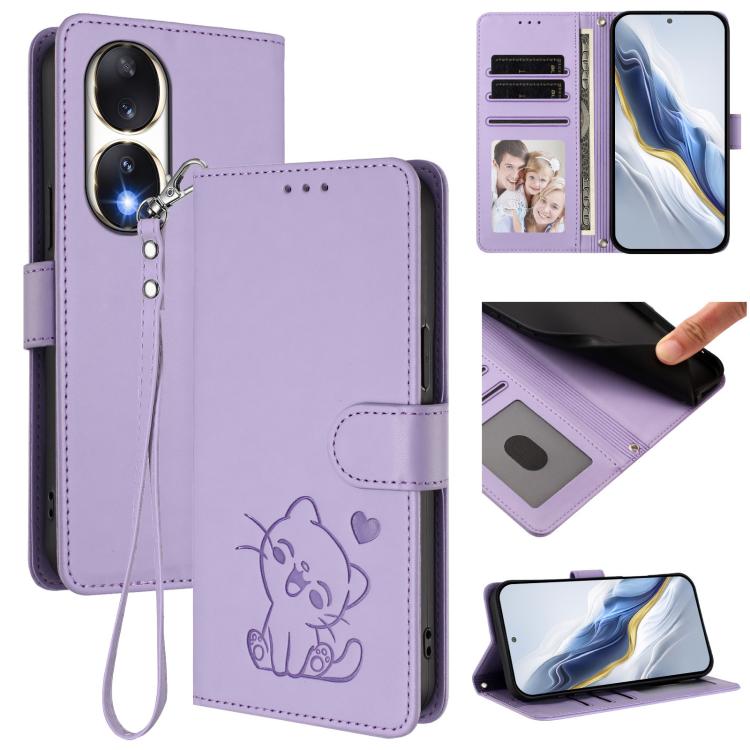 Embossed Heart Cat Leather Phone Case with Hand Strap, For Honor 90 Pro, For Honor 90