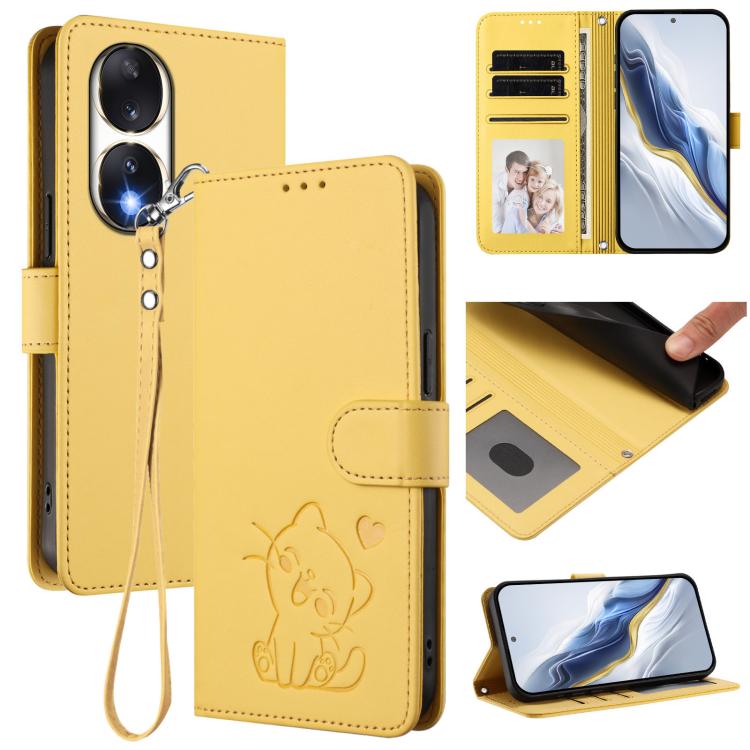 Embossed Heart Cat Leather Phone Case with Hand Strap, For Honor 90 Pro, For Honor 90