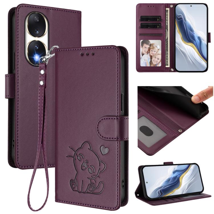 Embossed Heart Cat Leather Phone Case with Hand Strap, For Honor 90 Pro, For Honor 90