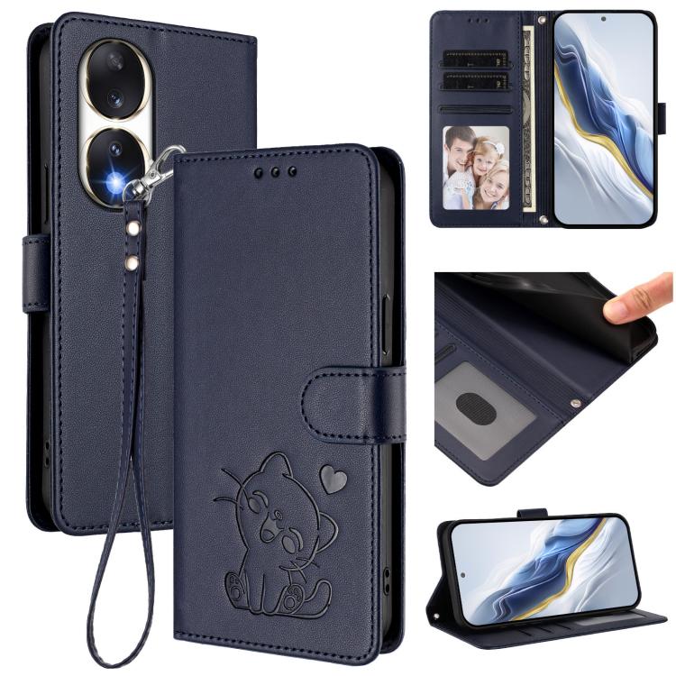 Embossed Heart Cat Leather Phone Case with Hand Strap, For Honor 90 Pro, For Honor 90