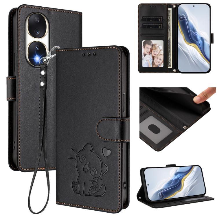 Embossed Heart Cat Leather Phone Case with Hand Strap, For Honor 90 Pro, For Honor 90