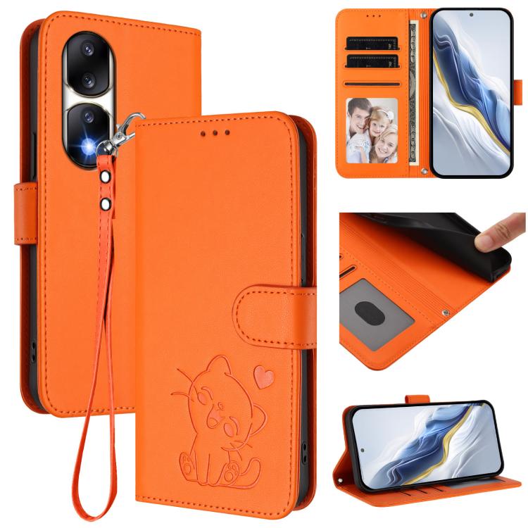 Embossed Heart Cat Leather Phone Case with Hand Strap, For Honor 90 Pro, For Honor 90