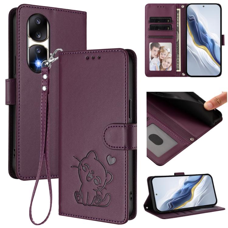 Embossed Heart Cat Leather Phone Case with Hand Strap, For Honor 90 Pro, For Honor 90