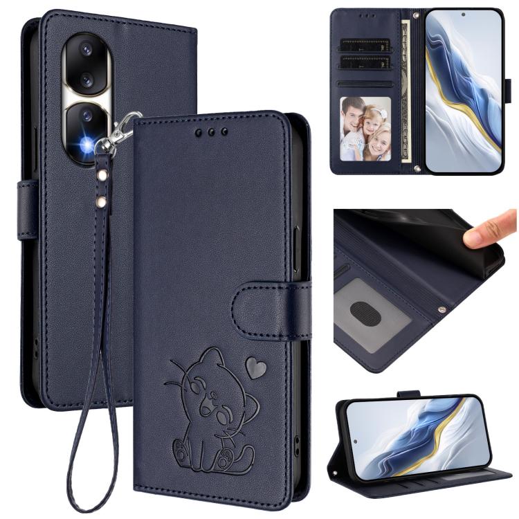 Embossed Heart Cat Leather Phone Case with Hand Strap, For Honor 90 Pro, For Honor 90