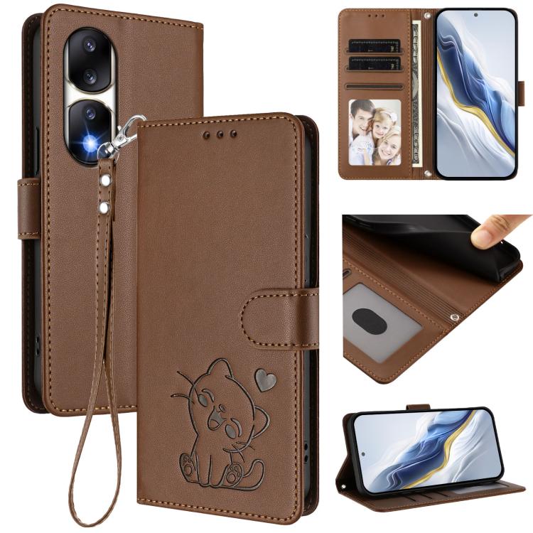 Embossed Heart Cat Leather Phone Case with Hand Strap, For Honor 90 Pro, For Honor 90
