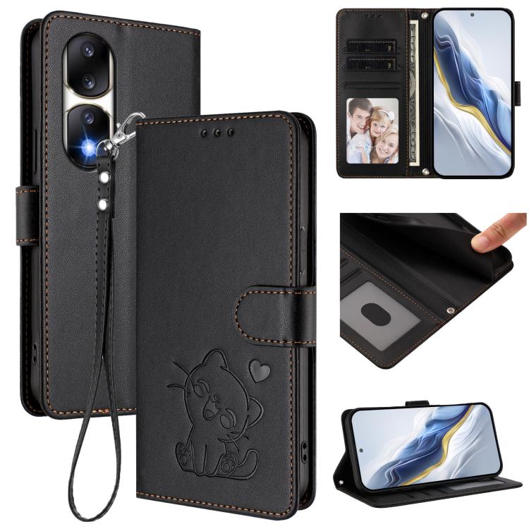 Embossed Heart Cat Leather Phone Case with Hand Strap, For Honor 90 Pro, For Honor 90