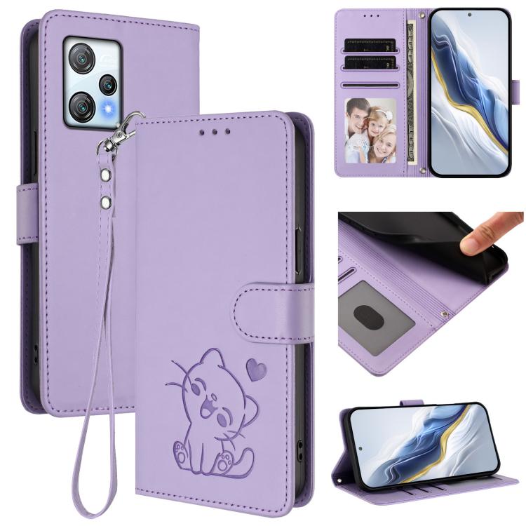 Embossed Heart Cat Leather Phone Case with Hand Strap, For Blackview A53