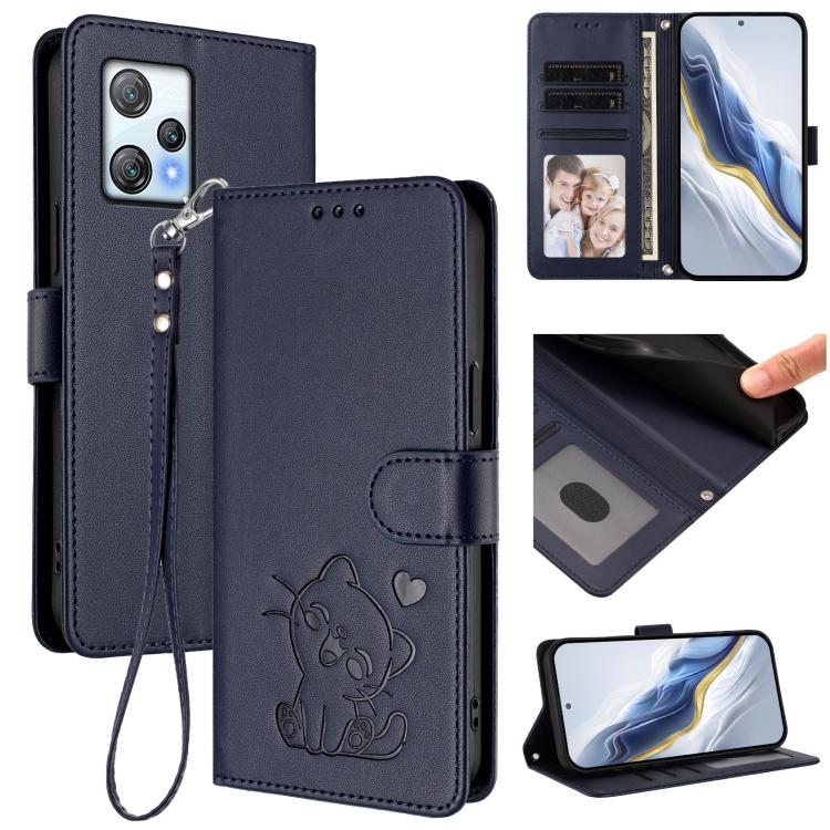 Embossed Heart Cat Leather Phone Case with Hand Strap, For Blackview A53