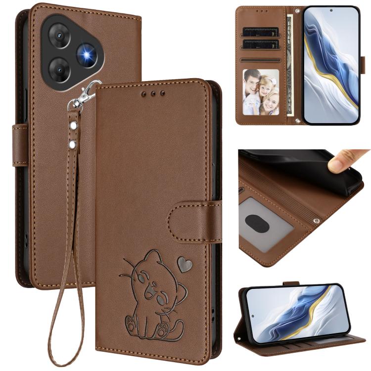 Embossed Heart Cat Leather Phone Case with Hand Strap, For Blackview Oscal Flat 2 / 2C, For Blackview SHARK 6