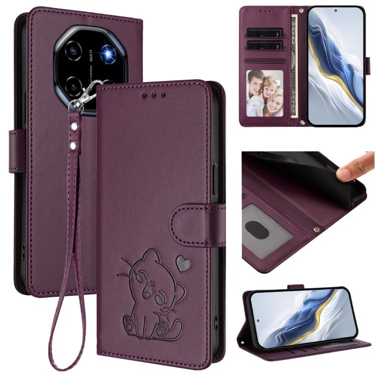 Embossed Heart Cat Leather Phone Case with Hand Strap, For Blackview Oscal Flat 2 / 2C, For Blackview SHARK 6