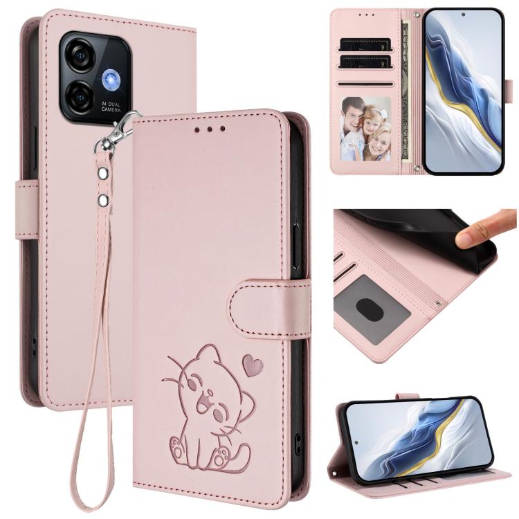 Embossed Heart Cat Leather Phone Case with Hand Strap, For Ulefone Note 17 Pro, For Ulefone Note 16 Pro