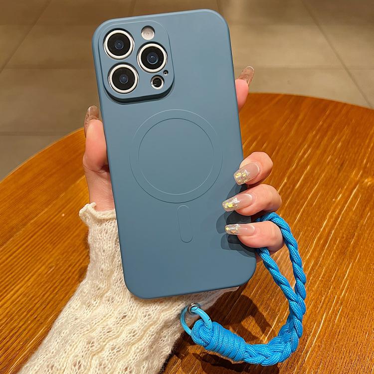Solid Color Liquid Silicone Magnetic Phone Case with Lanyard, For iPhone 15 Pro