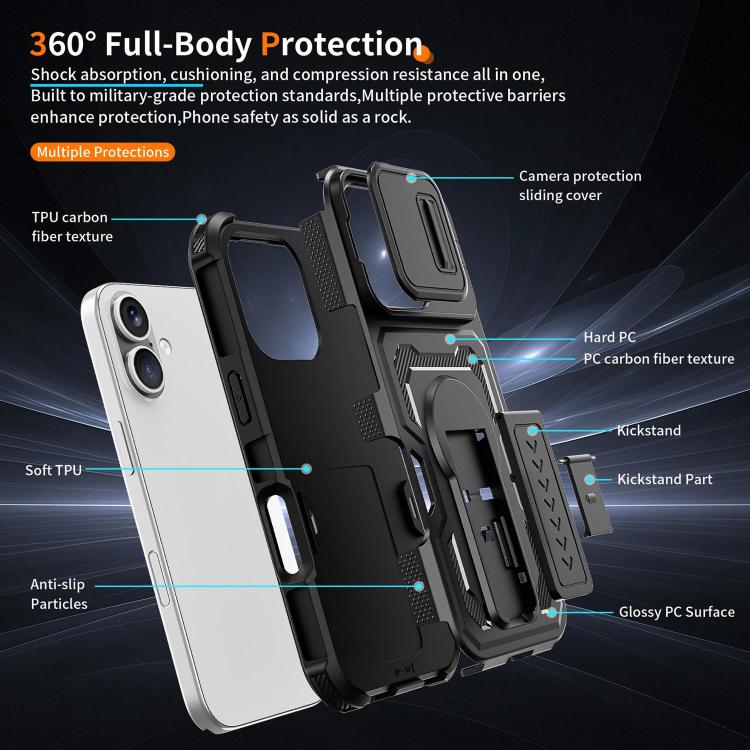 Slid Camera Shield Invisible Holder PC Hybrid TPU Phone Case, For iPhone 18, For iPhone 18 Pro, For iPhone 18 Pro Max, For iPhone 17e / 16e