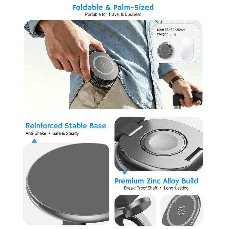 HAMTOD M27 15W Rotatable Foldable 3 in 1 Metal Magnetic Wireless Charger Stand