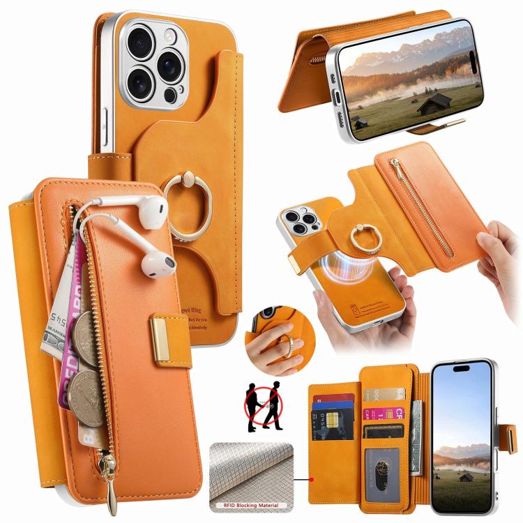 Precision Hole Silver-Edged Ring RFID Blocking Zipper Wallet Magnetic Vegan Leather Phone Case, For iPhone 14, For iPhone 14 Pro, For iPhone 14 Pro Max