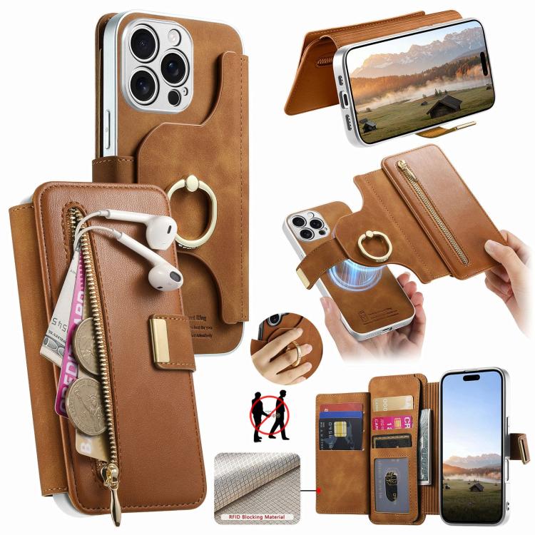 Precision Hole Silver-Edged Ring RFID Blocking Zipper Wallet Magnetic Vegan Leather Phone Case, For iPhone 14, For iPhone 14 Pro, For iPhone 14 Pro Max