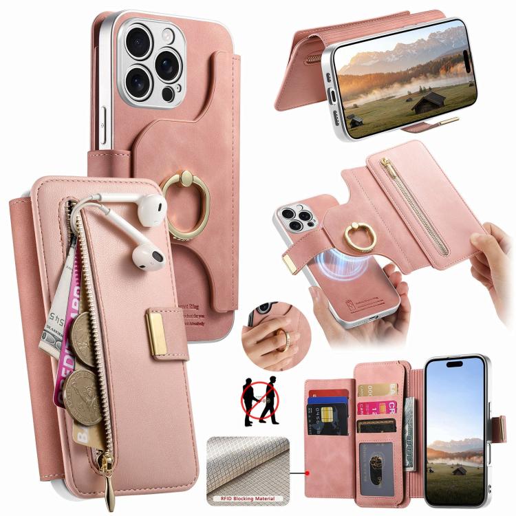 Precision Hole Silver-Edged Ring RFID Blocking Zipper Wallet Magnetic Vegan Leather Phone Case, For iPhone 14, For iPhone 14 Pro, For iPhone 14 Pro Max