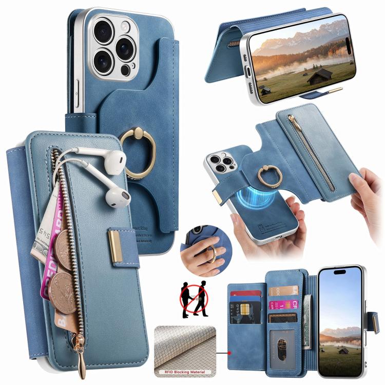 Precision Hole Silver-Edged Ring RFID Blocking Zipper Wallet Magnetic Vegan Leather Phone Case, For iPhone 14, For iPhone 14 Pro, For iPhone 14 Pro Max