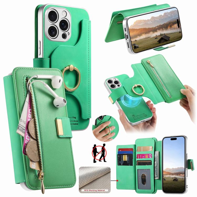 Precision Hole Silver-Edged Ring RFID Blocking Zipper Wallet Magnetic Vegan Leather Phone Case, For iPhone 14, For iPhone 14 Pro, For iPhone 14 Pro Max