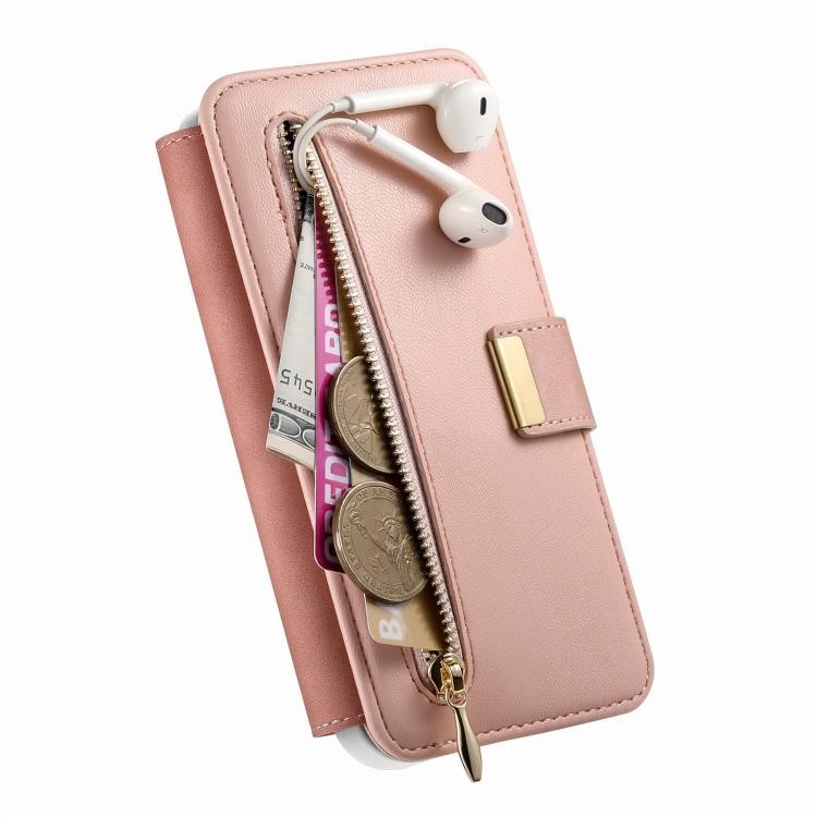 Precision Hole Silver-Edged Ring RFID Blocking Zipper Wallet Magnetic Vegan Leather Phone Case, For iPhone 14, For iPhone 14 Pro, For iPhone 14 Pro Max