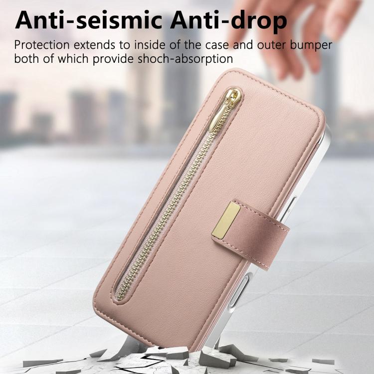Precision Hole Silver-Edged Ring RFID Blocking Zipper Wallet Magnetic Vegan Leather Phone Case, For iPhone 14, For iPhone 14 Pro, For iPhone 14 Pro Max
