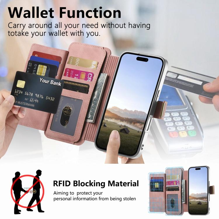 Precision Hole Silver-Edged Ring RFID Blocking Zipper Wallet Magnetic Vegan Leather Phone Case, For iPhone 14, For iPhone 14 Pro, For iPhone 14 Pro Max