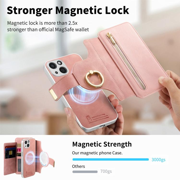 Precision Hole Silver-Edged Ring RFID Blocking Zipper Wallet Magnetic Vegan Leather Phone Case, For iPhone 14, For iPhone 14 Pro, For iPhone 14 Pro Max